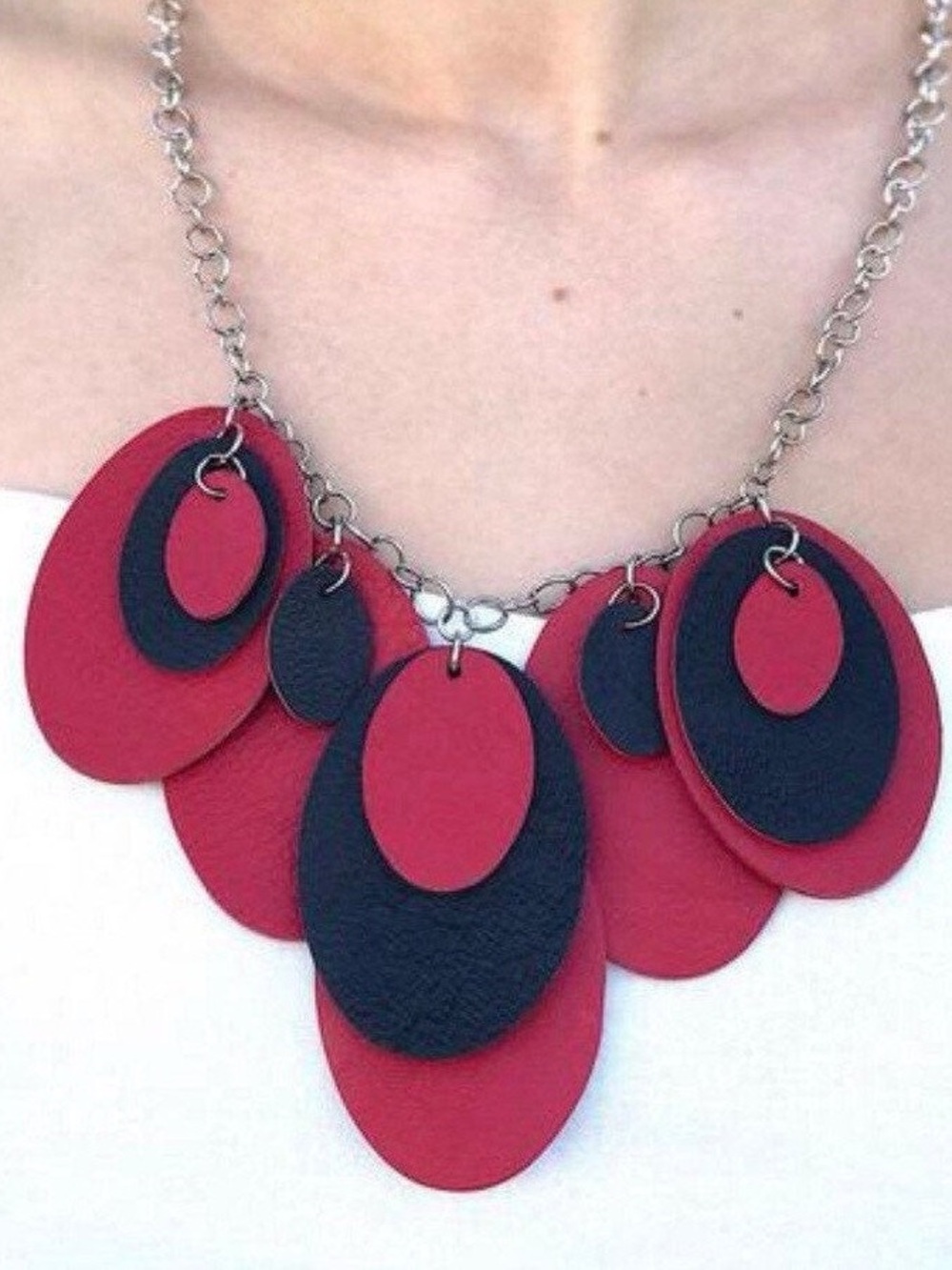 Layered Red and Black Oval Statement Leather Necklace for Women